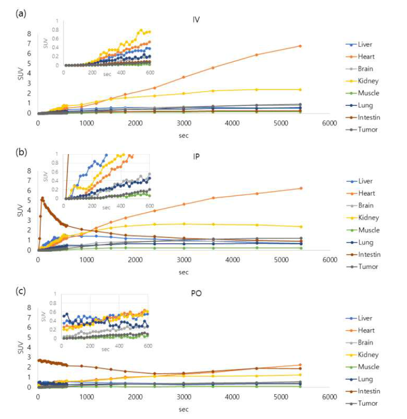 투여경로에 따른 표피종양 동물모델에서의 주요 조직별 18F-FDG 분포변화