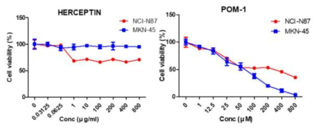 Herceptin 및 POM-1의 처리 농도에 따른 NCI-N87 및 MKN-45 세포의 생존비율 차이