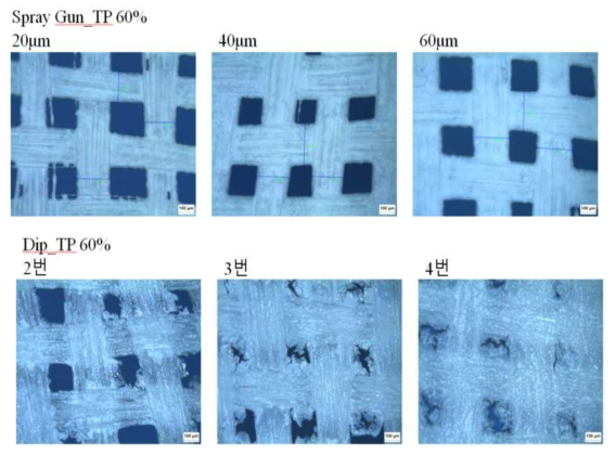 Dip coating방법과 Spray coating방법의 광학이미지 모습