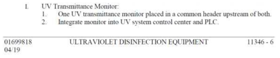 미국 Texas Grapevine 시 하수처리장 UV 시스템 시방서 내 UVT 수록 내용