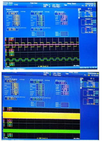 8kW 램프 2차 전기적 특성(100% Dimming) 측정 좌-개발 안정기 적용 우-외산 안정기 적용