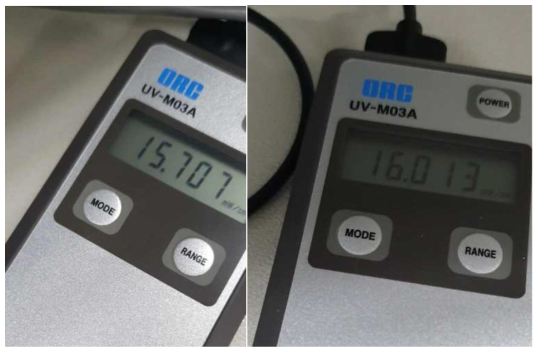 UVC 출력값 측정 좌-외산램프 우-개발램프