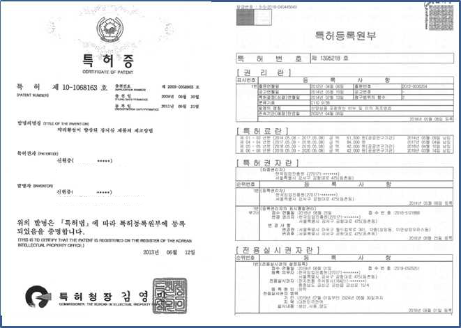 2011년 등록 특허(좌)와 한국임업진흥원 특허기술 이전계약 증빙(우)