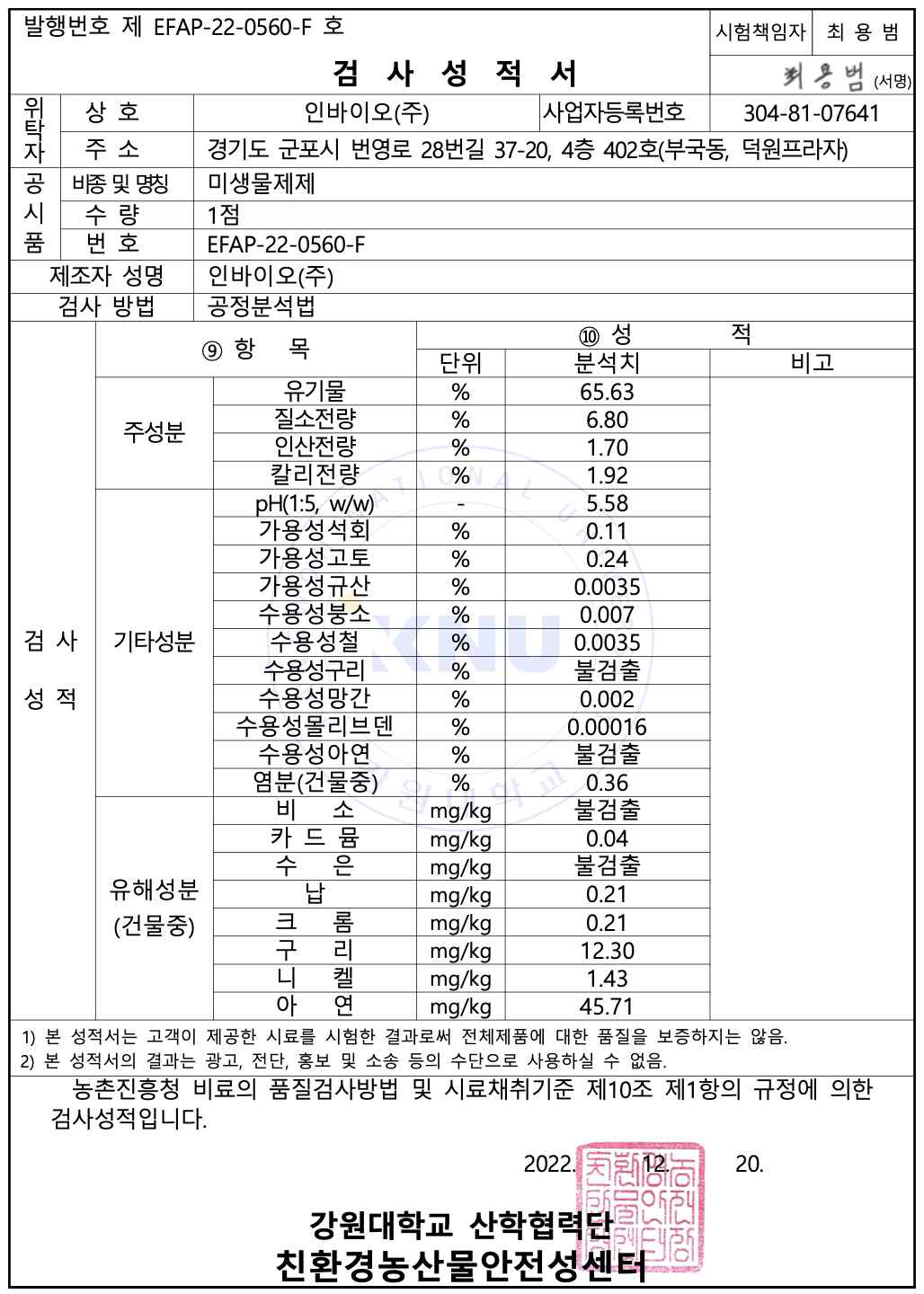 유해중금속 검사성적서