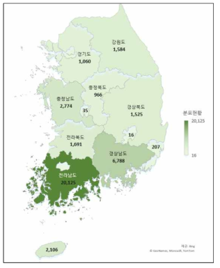 국내 지역별 칡 덩굴 분포현황