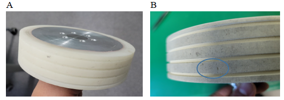 Durability test. A, urethane wheel; B, rubber wheel