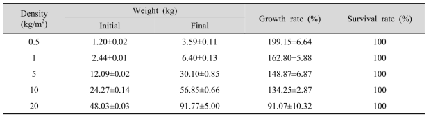 Growth performance of catfish by breeding density during the BFT rearing experiment