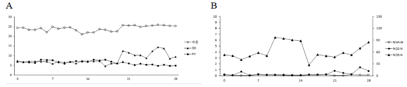 Water quality analysis by feeding method during the catfish rearing experiment. A, water temperature, DO, pH; B, NH4+-N, NO2-N, NO3-N