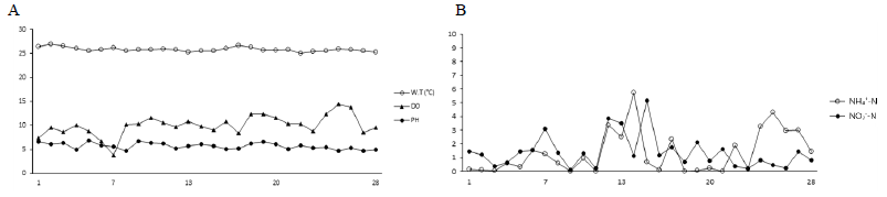 Water quality analysis by feeding method during the eel rearing experiment. A, water temperature, dissolved oxygen, pH; B, NH4 +-N, NO2 --N