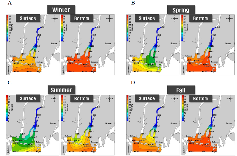 Horizontal distribution of seasonal mean salinity in the Nakdong River estuary during the study period. A, winter; B, spring; C, summer; D, fall