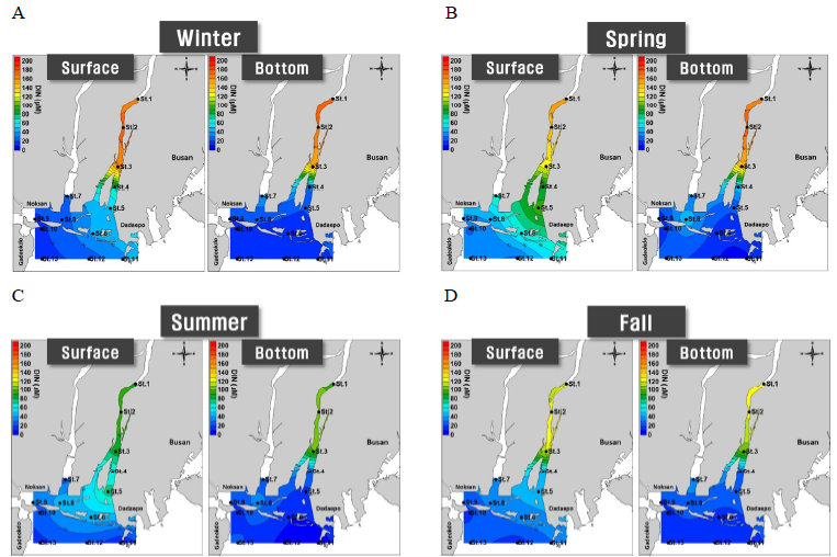 Horizontal distribution of seasonal mean dissolved inorganic nitrogen (DIN) concentration in the Nakdong River estuary during the study period. A, winter; B, spring; C, summer; D, fall