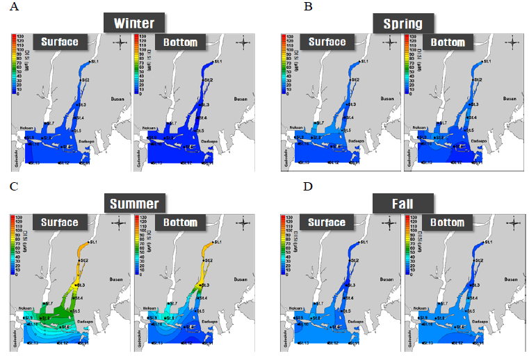Horizontal distribution of seasonal mean dissolved inorganic silicate (DISi) concentration in the Nakdong River estuary during the study period. A, winter; B, spring; C, summer; D, fall