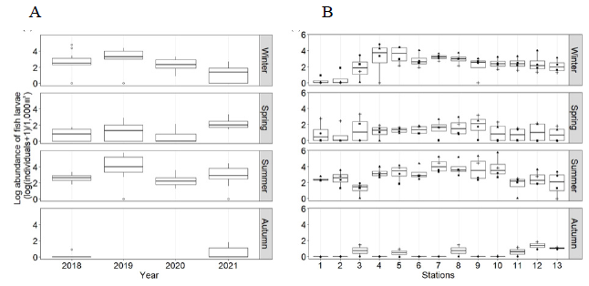 Abundances of fish larvae depending on years (A) and stations (B) in the Nakdong River estuary during the study period