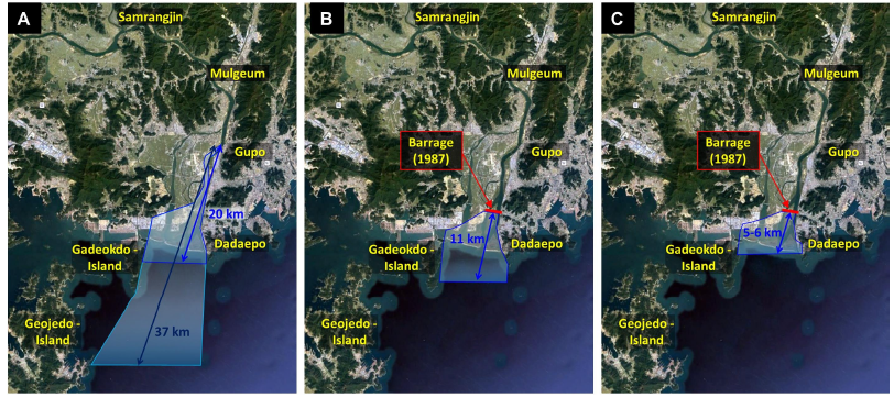 Changes of the estuary range in the Nakdong River estuary. Before the barrage construction in 1987 (A), after the barrage construction, 1987~2012 (B) and current status since 2012 (C)