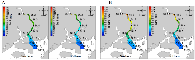 Horizontal distribution of mean dissolved inorganic silicate (DISi) concentration in the Seomjin River estuary during the study period. A, spring; B, summer