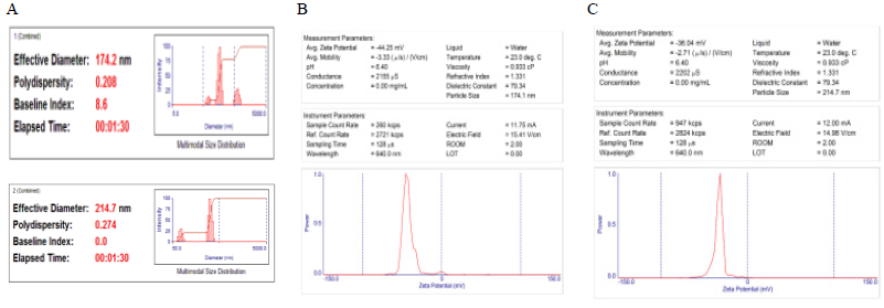 (A) Measurement of average size, (B) Zeta potential of liposome, (C) Zeta potential of chitosan coating liposome