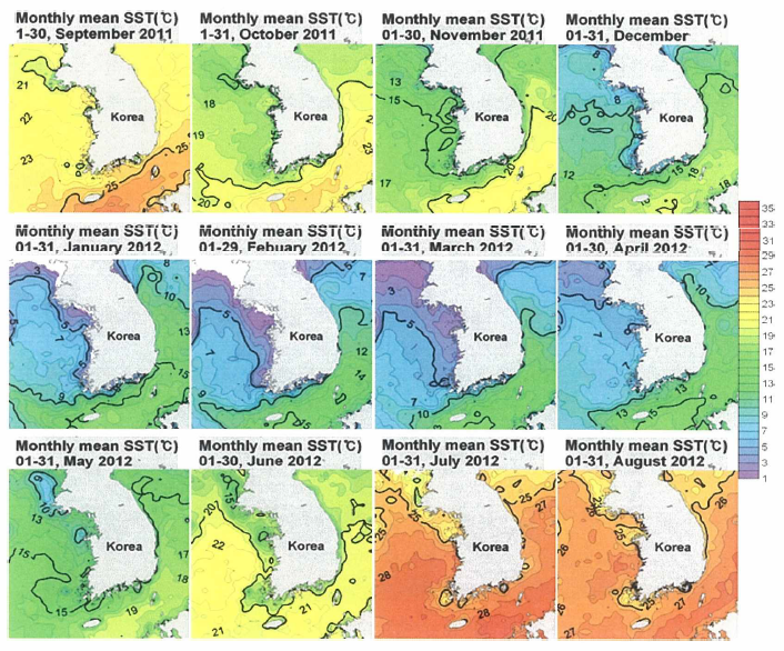 2011 년 9월부터 2012년 8월까지 우리나라 연안의 월별 표층수온 분포