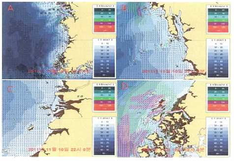 서해 연안(A ), 충남(B ), 전북(C )과 전남 서부(D )해역의 조석류 분포
