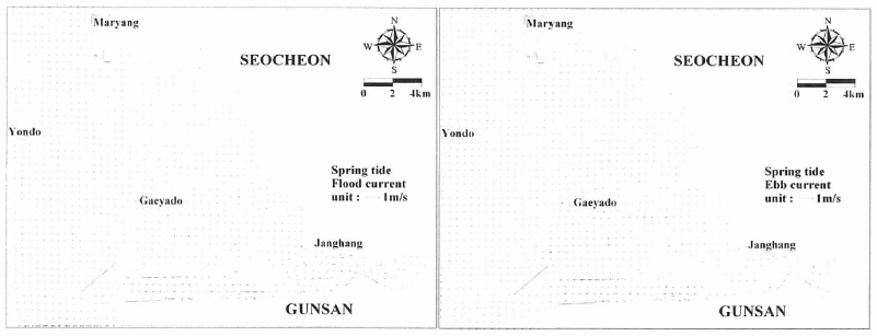 금강 유역에서 대조기 조석류 분포