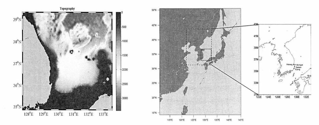 해양모델 영역 및 수심(좌), 대기모델 영역(우)