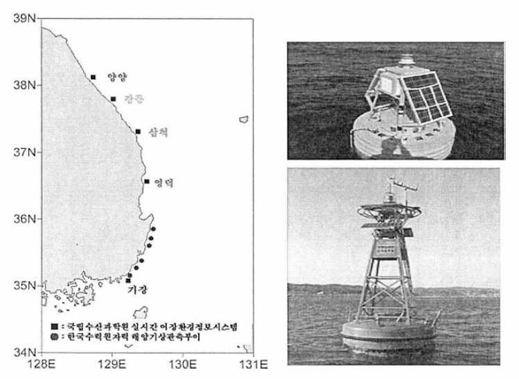 국립수산과학원 및 한국수력원자력의 동해안 해양관측부이 위치도와 해양관측부이 설치 전경