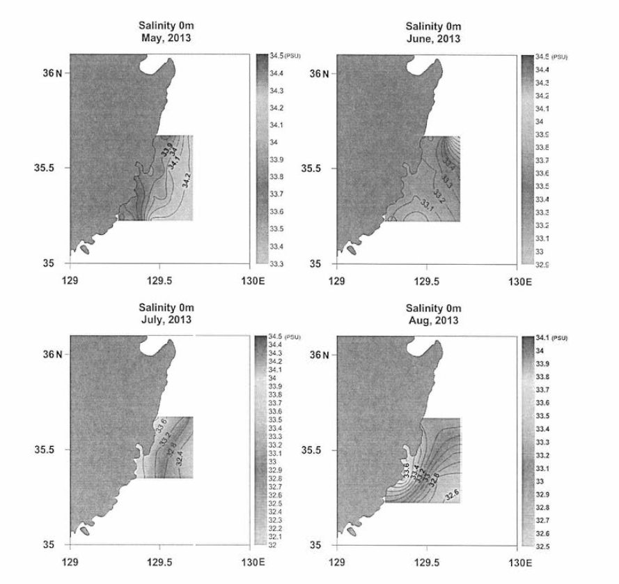 동해남부 표층염분 분포 (2013년 5월 하순, 6월 중순, 7월 하순. 및 8월 초순)