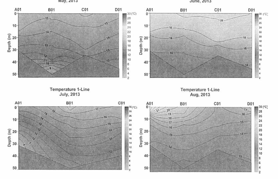 동해남부 연안 연직수온 분포 (2013년 5월 하 순 ，6월 중 순 ，7월 하순 및 8월 초순)