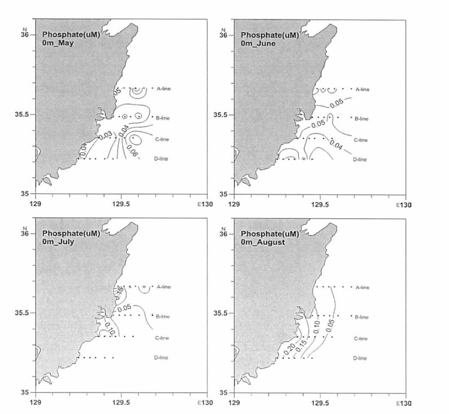 동해남부 표층 인산염 농도 분포 (2013년 5월 하순，6월 중순，7월 하순 및 8월 초순)