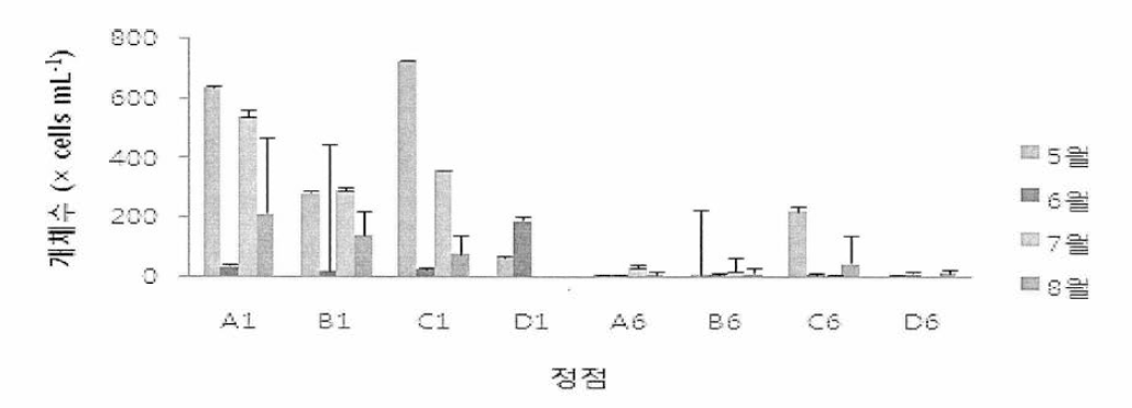 2013년 동해남부 특별모니터링의 식물플랑크톤 개체수 변하(단위: c e l l s m L 一1)