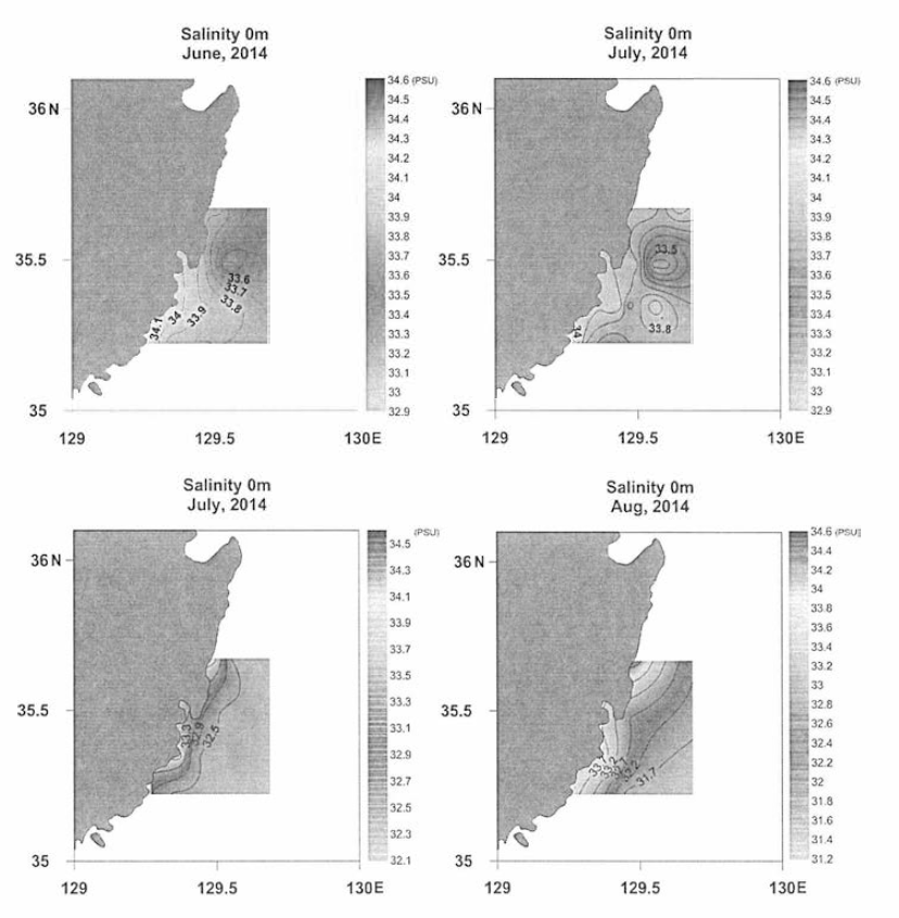 2014년 2~5차 냉수대 특별모니터링시의 동해남부 표층염분 분포