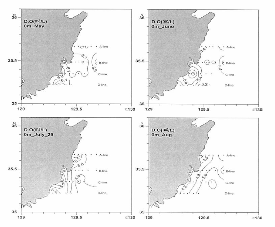 2014년 1, 2, 4, 5차 냉수대 특별모니터링시의 용존산소 농도 분포