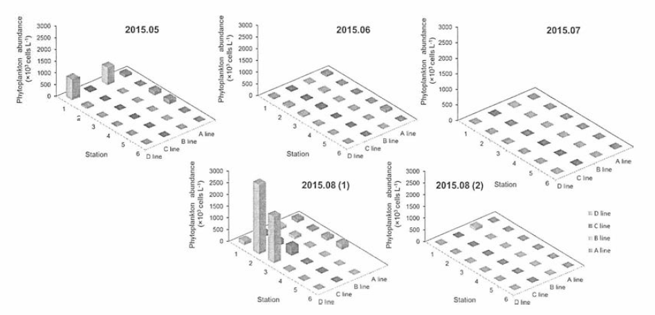 2015년 월별 동해 남부 해역 식물플랑크톤 출현 개체수 변동 양상