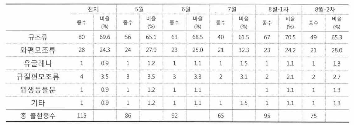 2015년 월별 동해 남부 해역 식물플랑크톤 출현 종수 변동 양상