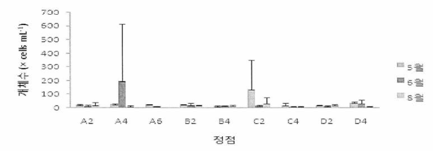 2013년 진도냉수대 식물플랑크톤 개체수 변화(단위: cells mL-1)