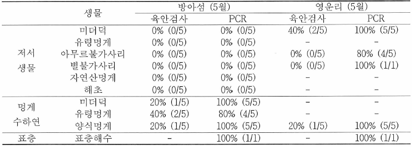 멍게 양식장 주변 저서생물 육안검사 및 PCR 결과 (5월)