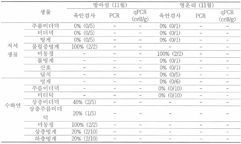 멍게 양식장 주변 저서생물 육안검사 결과 (11 월)