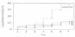 포르말린:과산화수소 복합제로 약욕한 명게(A, B, C group)와 대조구의 누적 사망률