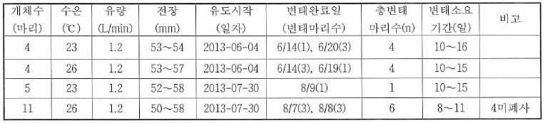 수온 및 유량 조합 시험에 따른 변태 유도 효과