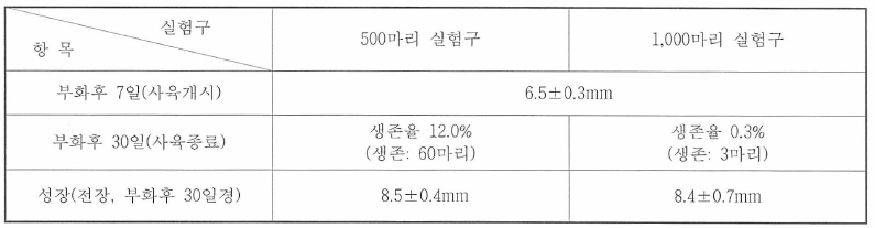 1차 밀도별 사육실험 결과