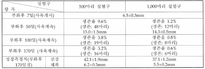 3차 밀도별 사육실험 결과