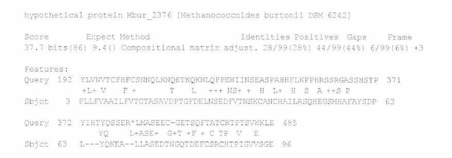 형질전환 어류 도입유전자(pDsRed/0jmlc2) 구성 유전인자(프로모터)로부터 번역된 아미노산 서열의 BlastX search 결고