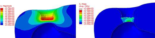 2차 다항식 초탄성 거동을 가정했을 때 120N에서 중심 단면의 총 변위(왼쪽) 및 등가 응력 분포(오른쪽)