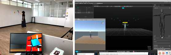 HMD 가상현실과 Motion capture 장치의 통합 운영 장면