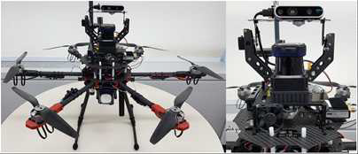 장애물 탐지 및 회피 비행을 위한 Tarot 680, Pixhawk 2.1 기반 기체(좌) 및 NVIDIA TX2, Intel D435 Depth Camera, Hokuyo UTM-30LX-EW 2D 장착 (우)