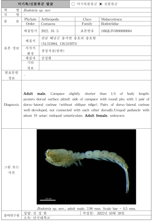 수중 미탐사 서식지(조하대 암반지대)를 통해 발굴된 자생동물 발굴표