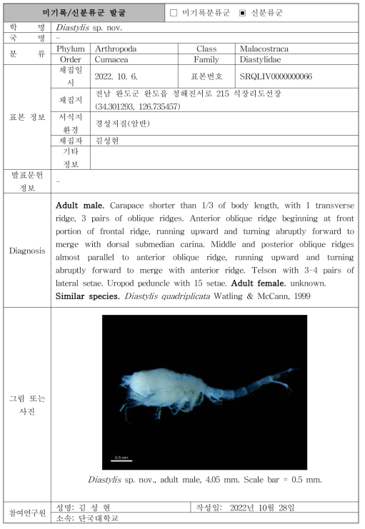 수중 미탐사 서식지(조하대 암반지대)를 통해 발굴된 자생동물 발굴표(계속)