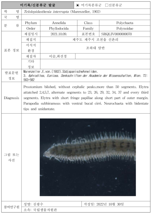 수중 미탐사 서식지(조하대 암반지대)를 통해 발굴된 자생동물 발굴표(계속)