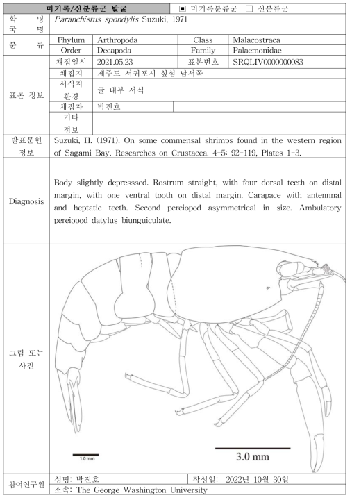 주요 관심 서식지(공생성 생물 서식지)를 통해 발굴된 자생동물 발굴표