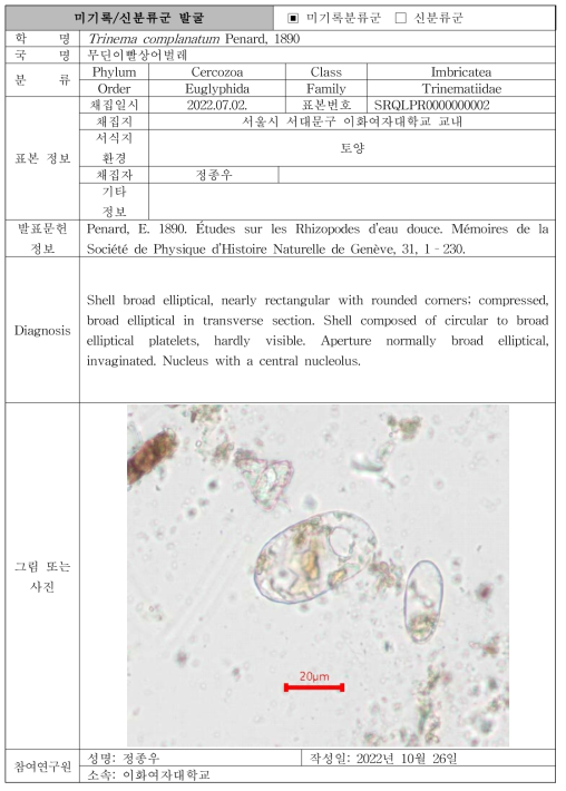 주요 관심 서식지(지중구간)를 통해 발굴된 자생동물 발굴표(계속)