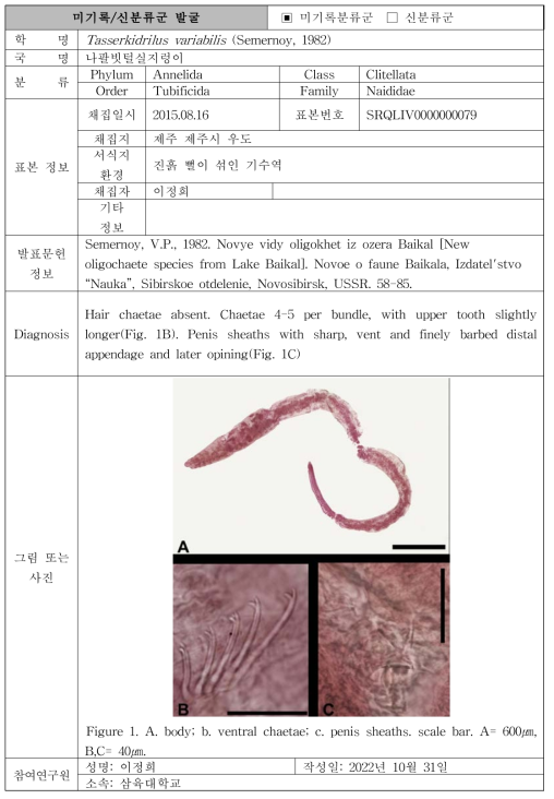 주요 관심 서식지(담수 하천, 저수지)를 통해 발굴된 자생동물 발굴표(계속)